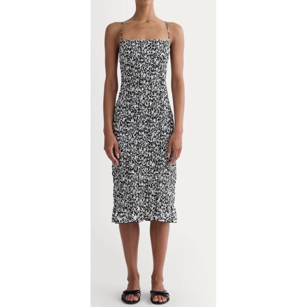 Everlane Smocked Midi Dress Bone Black Floral Spaghetti Strap Ruffle Hem XS NEW